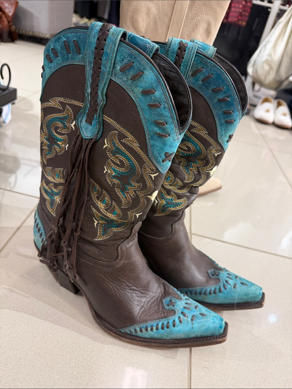 Turquoise & Brown Women's Western Cowgirl Boots - Elegant Embroidered Design